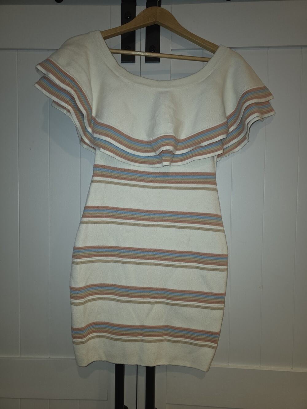 Endless Rose Women's Off Shoulder Ruffle Knit Sweater Dress Cream Multi Stripe M